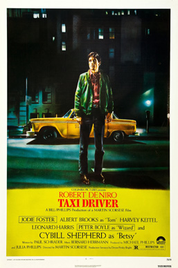 A poster of taxi driver with a yellow cab in the background.